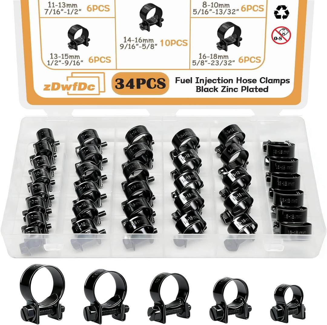 34PCS 5 Sizes 8-18mm Fuel Line Clamps Clips Assortment Kit 1/4" 5/16" 3/8" Fuel Injection Gas Line Automotive Diesel Petrol Pipe Hose Clamps DD025-BN