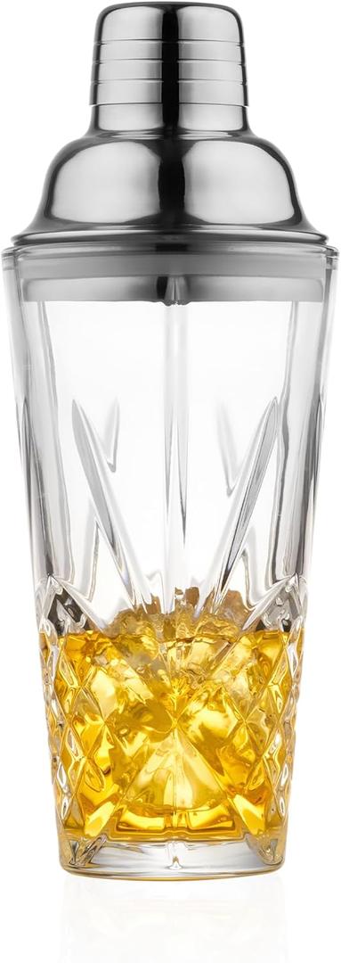 Cut Crystal Glass Cocktail Shaker Set - 15oz Lead-Free Crystal Shaker with Stainless Steel Lid, Liquor Pour Spout, and 4 Cocktail Recipe Coasters - Premium Barware for Home Bartenders