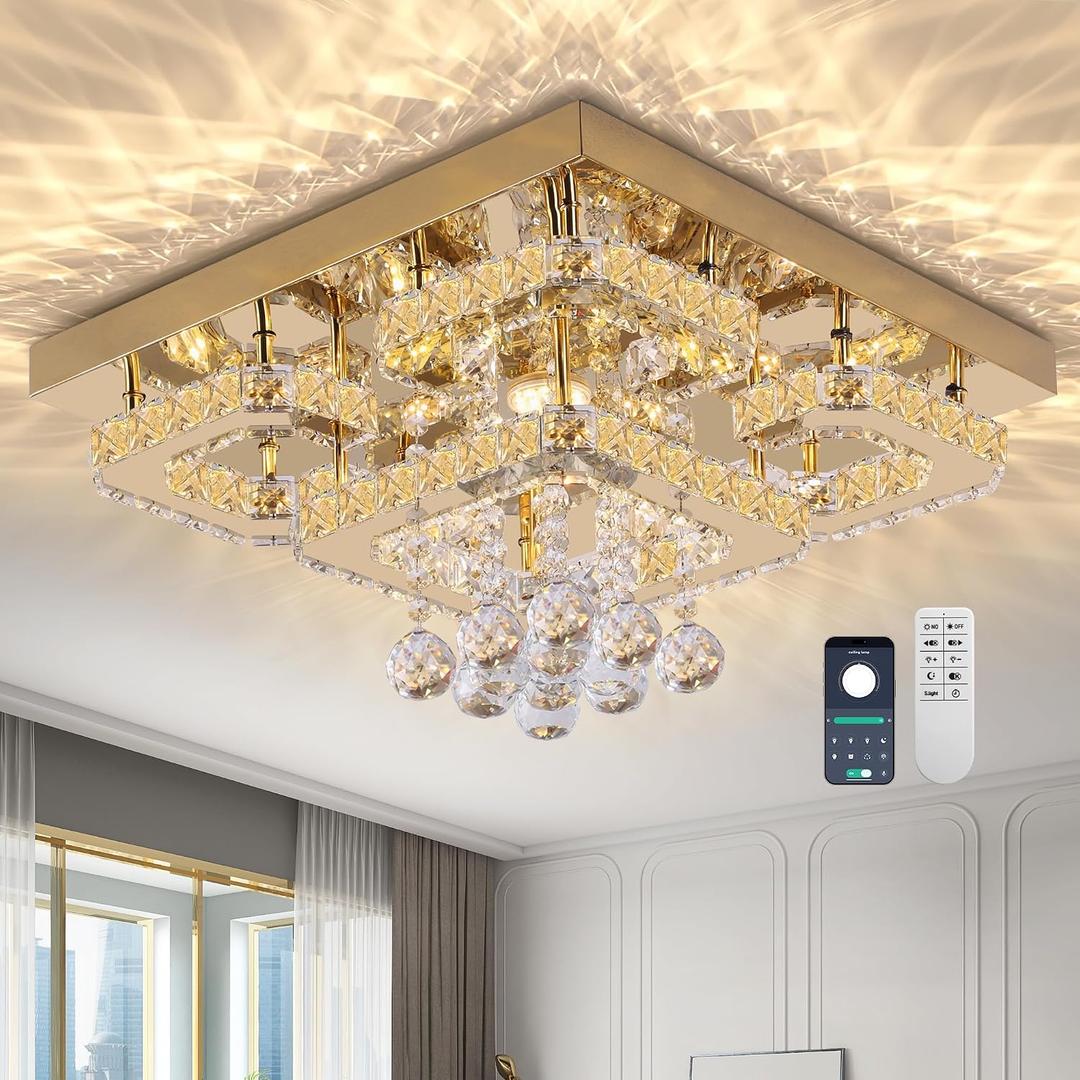 26 inch Gold Crystal Chandeliers, Flush Mount Chandelier LED Ceiling Light, Dia 26 inch