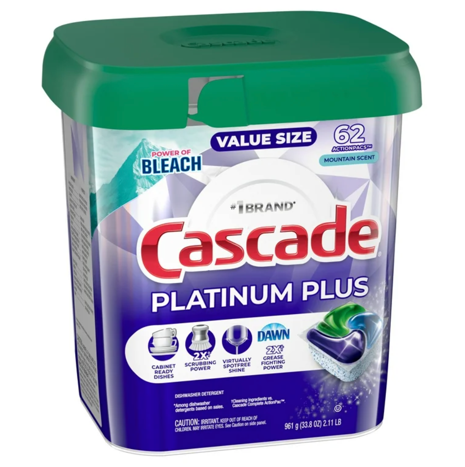 Cascade Platinum Plus ActionPacs Dishwasher Detergent Pods, Dishwasher Soap, Cleaning Supplies, Mountain, 62 Count (62 Count (Pack of 1))