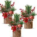 3 Pcs 11 Inch Tabletop Christmas Tree Decorations with Christmas Ornaments Pine Cone Berry Bookshelf Decor for Holiday Room Party Winter Home Indoor Outdoor (Poinsettia)