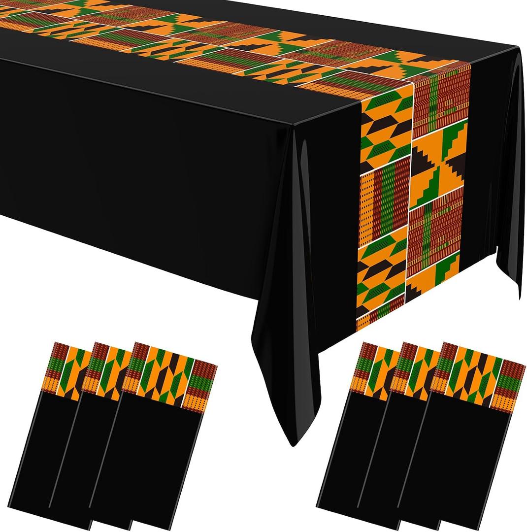 Oudain 6 Pcs 54" x 108" Kente Plastic Tablecloths Black History Month Table Covers Juneteenth Tablecloths Disposable African American Table Decorations for Kwanzaa Home Decor(Black,Fresh)