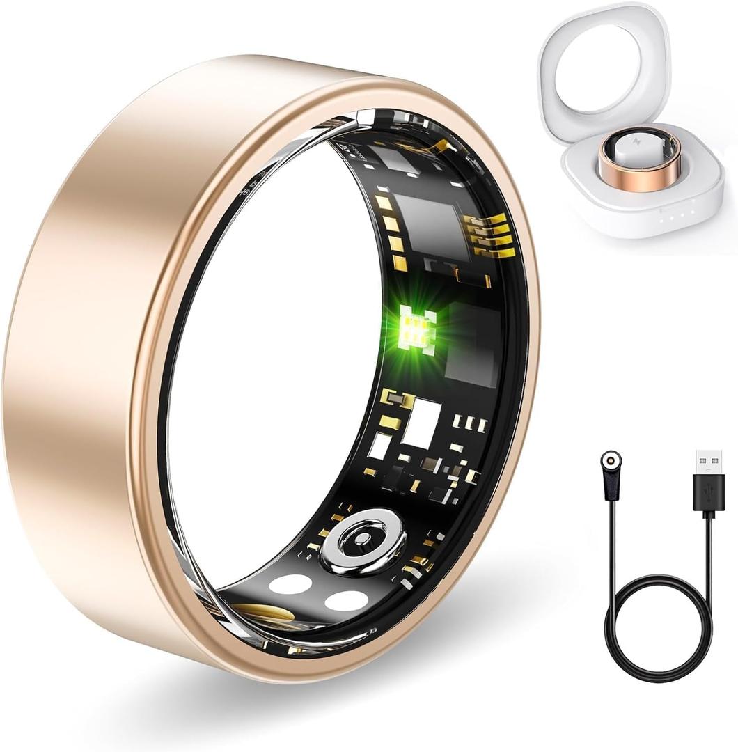 FKGZJF Smart Rings for Women Men, Fitness Ring with Heart Rate, Blood Oxygen, HRV, Stress, Sleep Tracker, Step Tracker, No Subscription Fee, lP68 Waterproof Smart Ring for iPhone & Android (Gold 6#)