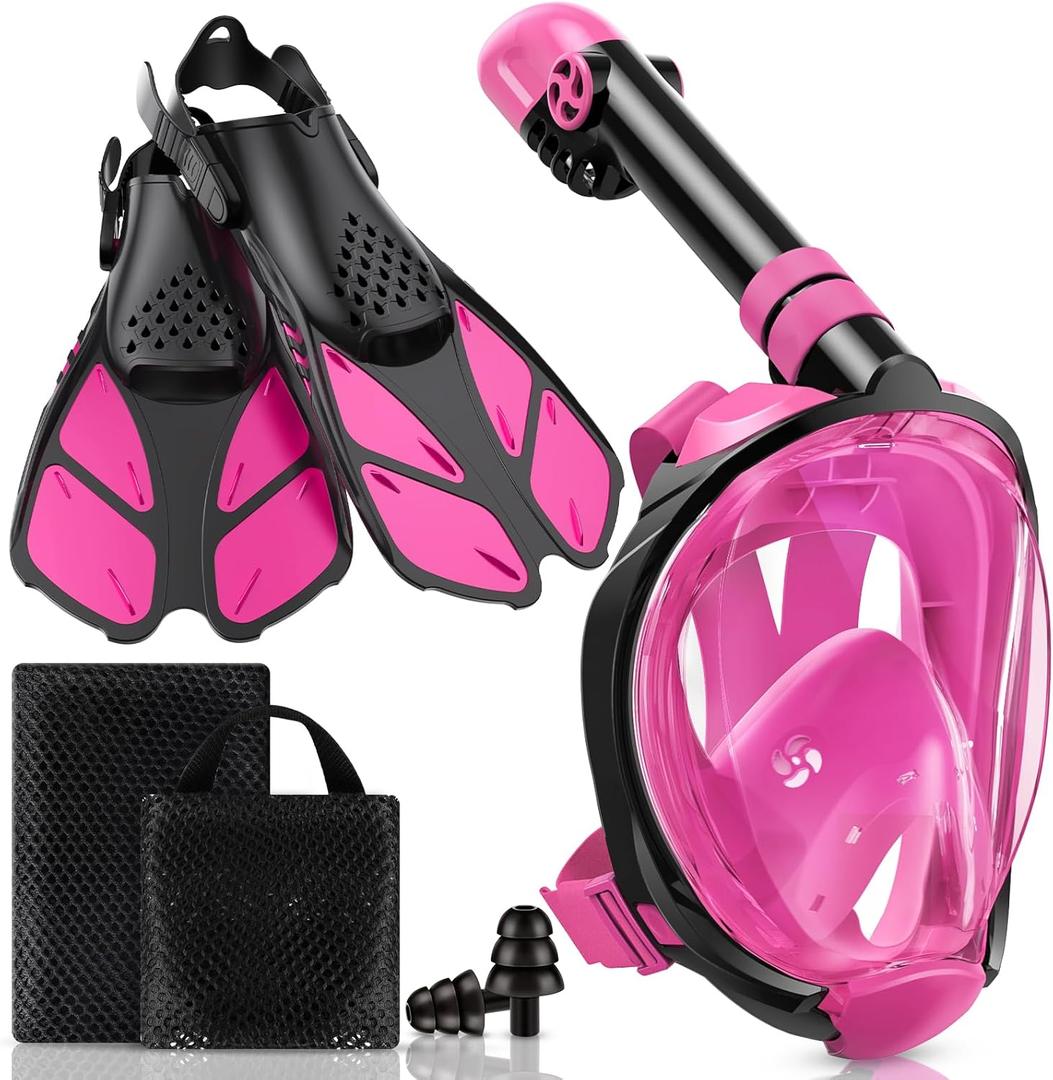 Mask Fins Snorkeling Gear for Adults, Full Face Snorkel Mask & Adjustable Swim Fins Snorkel Set, Panoramic View Snorkel Mask Dry Top Anti-Fog Anti-Leak (Pink)