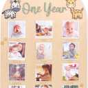 Wild Photo Board Jungle Animals Birthday Party Decorations Wooden Board 12 Monthly Milestone Picture Frame One Year Old 1st Birthday Banner for Baby Boy Girl Keepsake Gift Supplies (Fit 2.95x2.95 in Pic), 12x16 inches