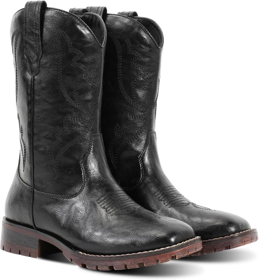 RLW Men's Western Cowboy Boots, Square Toe Work Boots with Comfortable Synthetic Leather for Riding Farming (10.5, Black)