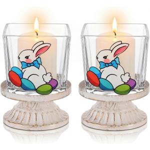 Havawish Easter Votive Candle Holders Set of 2, Bunny Candle Holder Rabbit Glass Square Votive Tealight Candles Holders Bulk for Easter Spring Table Centerpiece Decor Home Decoration