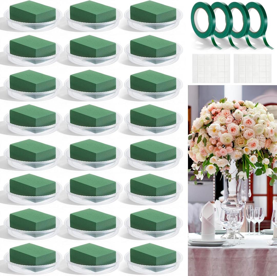 Sabary 24 Sets Flower Foam with 6 Inch Clear Plastic Bowl for Floral Arrangements Wet Floral Foam 4 Roll 32.8 yd Tape 60 Gram White Adhesive for Tall Vases Centerpiece Table Party Wedding Decor