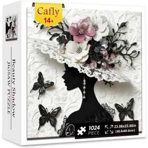 Jigsaw Puzzles for Adults 1000 Pieces - Challenging Fun Puzzles Elegant Lady Silhouette with Floral & Lace Decor, Beauty Flower Woman with Black & White Pearl, Beauty Shadow