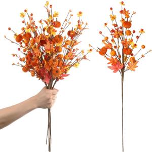 RoseCraft 4PCS Fall Decor, 19.5Inch Artificial Red Berry/Maple Leaf/Pumpkin Floral Stems Fall Branches Decorations, for Autumn Harvest Weeding Birthday Holiday Home Vase Arrangement Indoor Decor