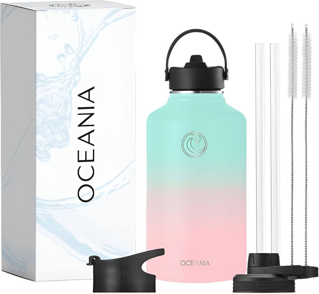 Oceania Flask 64oz Stainless Steel Water Bottle | Modern, Leakproof, Hydro BPA-Free, Insulated Water Bottle with 3 Lids, 3 Straws & 2 Straw Cleaning Brushes | Simple Camping & Hiking Water Bottles (Candy Floss)