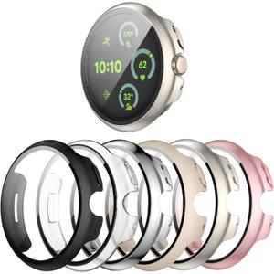 [5-Pack] Case for Google Pixel Watch 3 45mm (2024 New), Hard PC Shockproof Bumper Cover with Tempered Glass Screen Protector for Google Pixel Watch 3 45mm