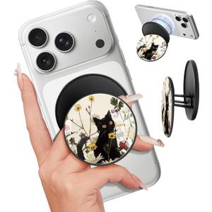 Kidcube Magnetic Phone Grip Compatible with Magsafe - Cell Phone Grip Stand Magnetic Ring Holder Finger Kickstand for iPhone 17 16 15 14 13 12 Series Magnet Removable Accessories Cute Black Cat Flower
