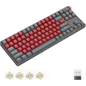 R87 Wireless Mechanical Keyboard, Hot Swappable Wired/2.4G Wireless/Bluetooth Keyboard with RGB Light for Windows & Mac, PBT Keycaps, G Pro 3.0 Yellow Switch, Night Crimson