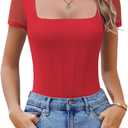 Avidlove Women's Short Sleeve Bodysuits Sexy Square Neck Body Suit Mesh Double Lined Tshirt Leotard Tops Going Out (XX-Large, Red)