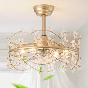 20 Inch Gold Caged Ceiling Fan with Light, Flower Chandelier Ceiling Fan with Lights Remote Control, Frower Crystal Fandelier 6 Speeds for Girl's Bedroom, Living Room