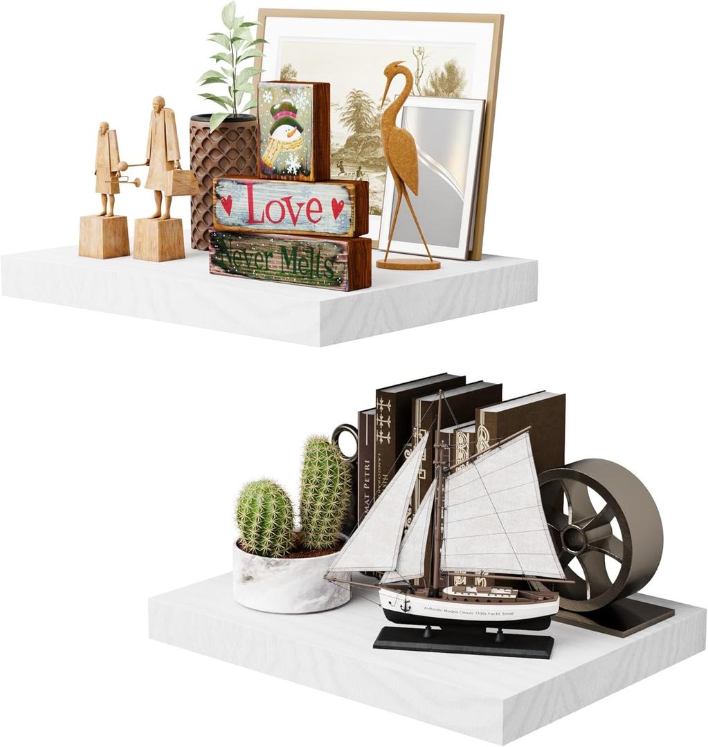 White 12 Inch Deep Floating Shelves Set of 2, Rustic Wood Shelving Live Edge Shelves Display, Bathroom Wall Shelf Decor for Living Room, Kitchen, Office (15.6 in W x 11.8 in D x 1.5 in H)