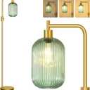 Upgraded Dimmable Glass Floor Lamp for Living Room, Modern Gold Standing Lamp with Green Ribbed Glass Lampshade & Knob Dimmer, Arc Tall Lamp for Bedroom Office Reading Room, 2700K Led Bulb Included