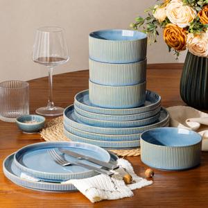 GBHOME 12-Piece Stoneware Dinnerware Set for 4  Ribbed Ceramic Plates and Bowls, Scratch-Resistant, Microwave & Dishwasher Safe, Reactive Glaze, Alaskan Blue