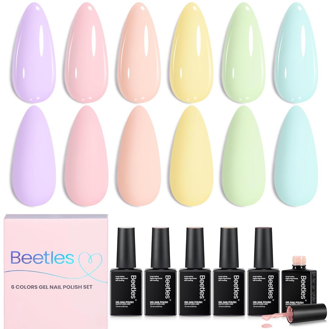 Beetles Pastel Gel Polish Set - Afternoon Desserts Collection, 6 Colors Pastel Purple Yellow Blue Pink Trendy Colors Uv LED Lamp Salon DIY at Home Nails Gifts for Women Nails