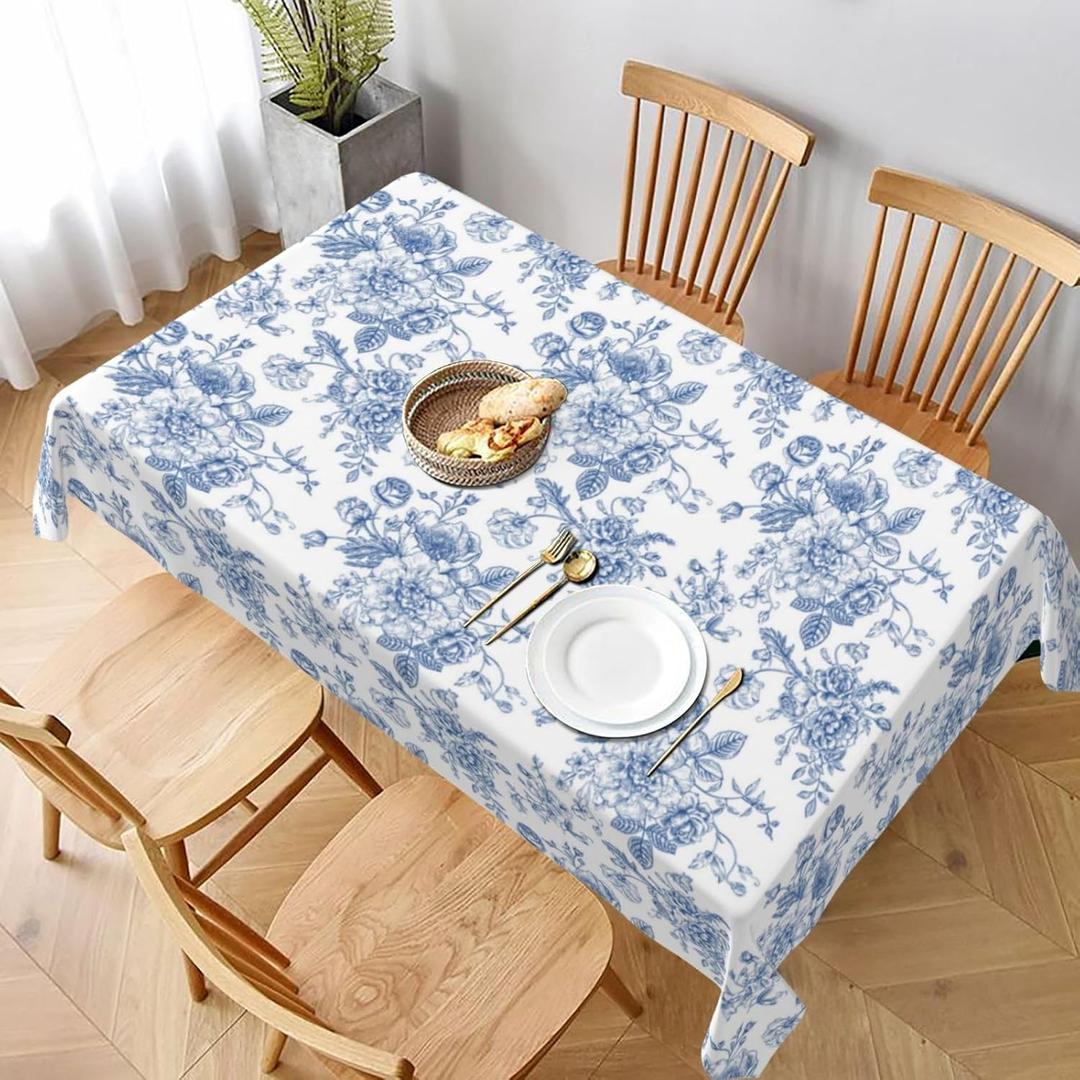 Blue Floral Square Tablecloth 60x84 Inch Square, Blue and White Chinoiserie Flower Toile Table Cloth Spring Decorations Polyester Stain Resistance Table Cover for Party Picnic Kitchen Decor