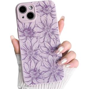 NITITOP Compatible with iPhone 14 Case Silicone Cute Flower Floral Sunflowers Pattern for Women Girl Trendy Slim Fit TPU Silicone Shockproof Full Camera Protection Cover - Purple