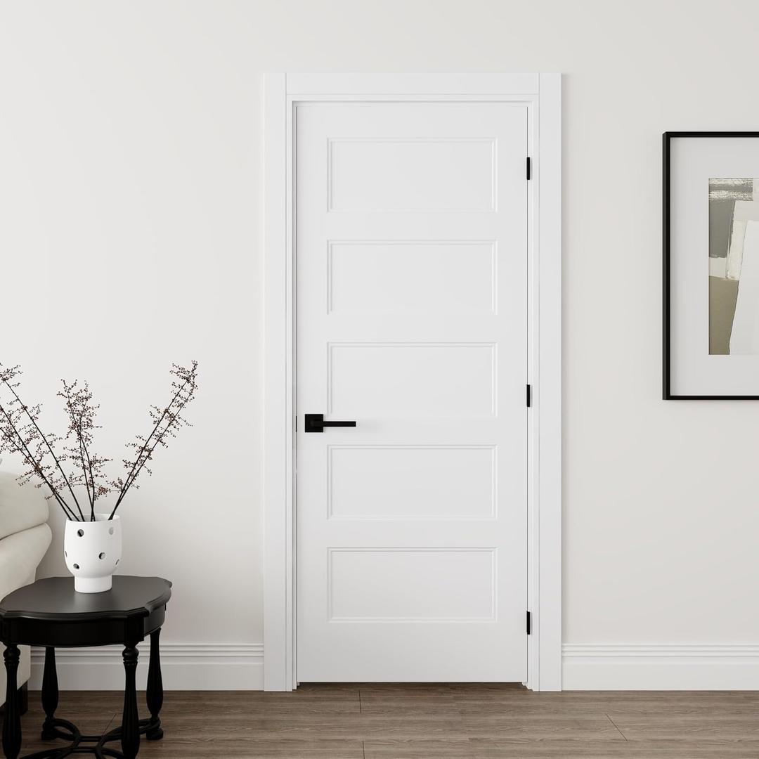 JUBEST 32"x80" Left-Hand Prehung Interior Door with Knock Down Jamb Kit & Matte Black Hinges, 5-Panel White Primed Hollow Core Molded Door Slab with Bore & Hinge Cutout, Durable & Sturdy, No Handle