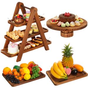 RattanView Wooden Dessert Table Display Set of 4 Wood Dessert Tower Rustic Rectangular Cake Stand 3 Tier Brown Serving Tray Farmhouse Cupcake Platter for Wedding Reception, Tea Party, Baby Shower