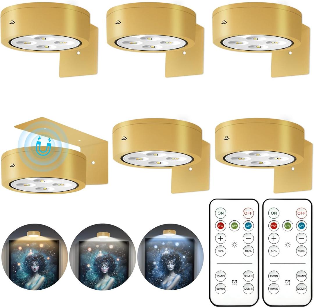 6Pcs Battery Operated Picture Light, Magnetic Led Painting Light with Remote Dimmable and Timer, 3 Lighting Modes Art Display Light for Picture Frame Paintings, Wireless Wall Decor Puck Lights, Gold