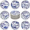 Set of 8 Dipping Bowls, 4 Inch Ceramic Cat Design Soy Sauce Dish, 3 Oz Small Serving Bowls, Appetizer Plates for Side Dishes, Sushi, Condiments, Blue and White, Microwave & Dishwasher Safe