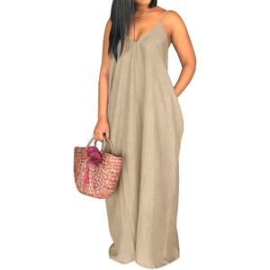 SeNight Women's Maxi Denim Dress Spaghetti Strap with Pockets Khaki, 3XL