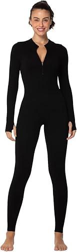 Sunzel Long Sleeve Jumpsuits for Women, Ribbed One Piece Casual Yoga Workout Zip Front, M