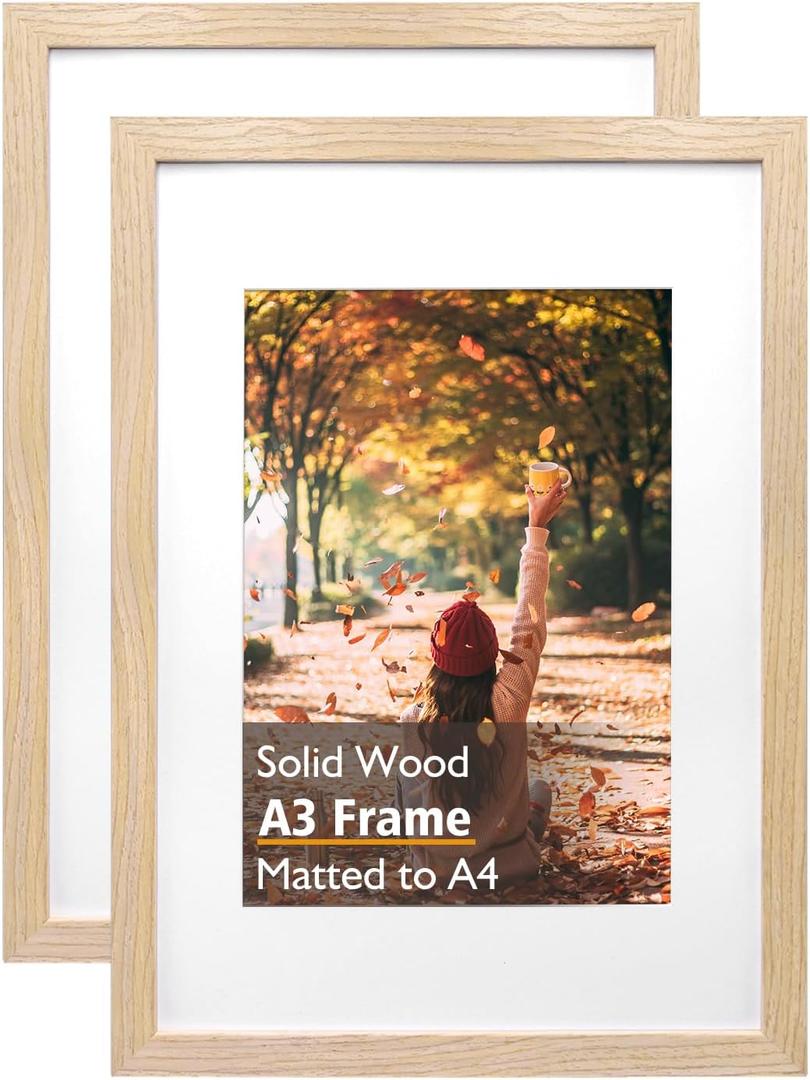 KINLINK A3 Picture Frames Natural, Solid Wood Frames with Acrylic Plexiglass for Pictures A4 with Mat or A3 without Mat Wall Display Poster Frame Set of 2, 11.7 x 16.5 in