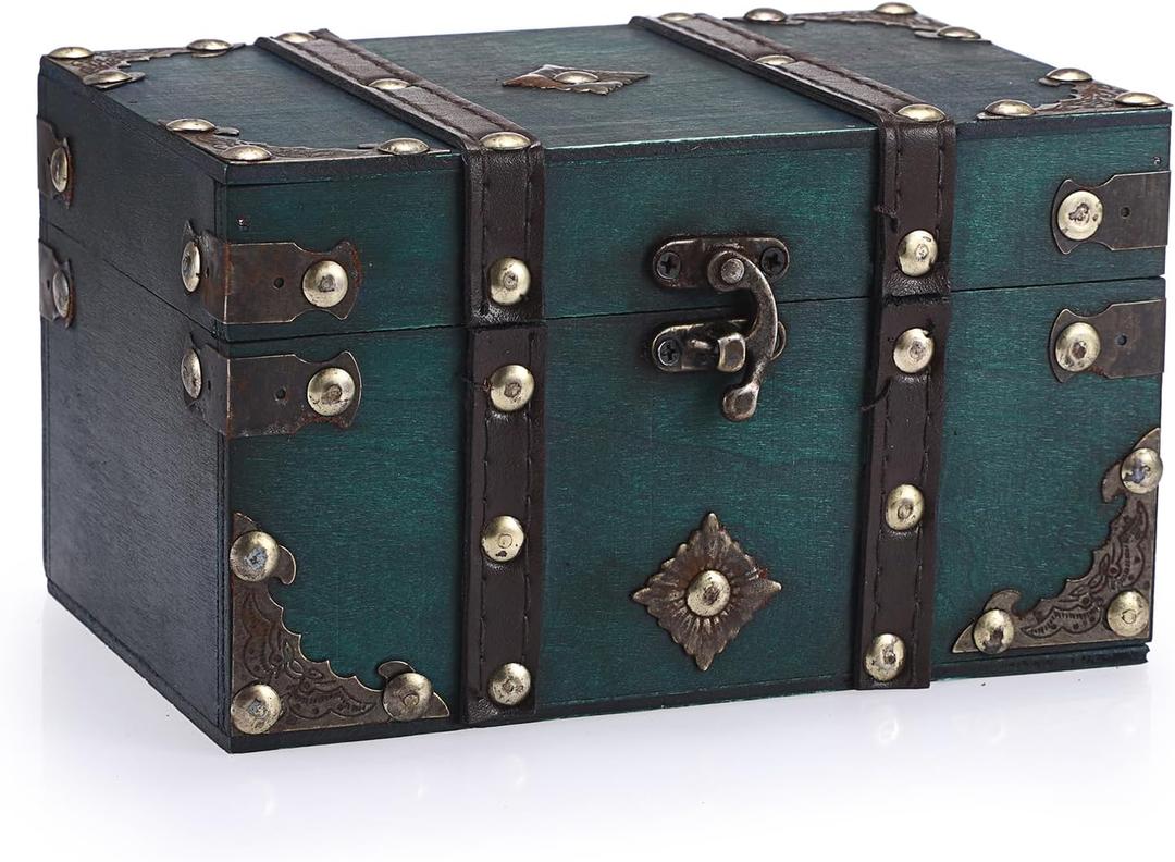 ELLDOO Vintage Treasure Chest, Pirate Keepsakes Box for Gifts, Wooden Storage Box, Green Decorative Container for Jewelry, Pearl Trinkets, Tarot Cards, Small