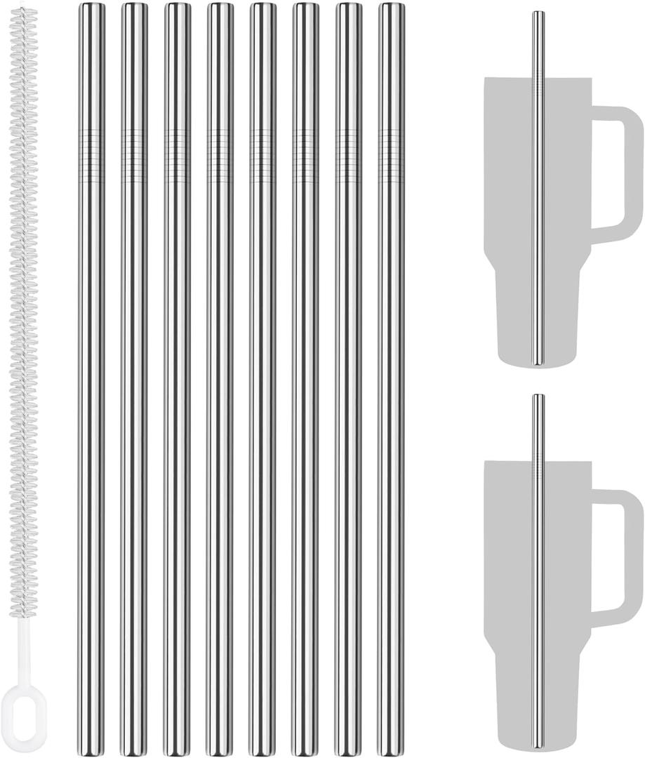 Tomorotec 8-Pack Stainless Steel Straws Fit for 40oz Stanley Tumblers, 12" Metal Straws for Stanley Cup with 1 Brush, Reusable Drinking Straws for Smoothies, Milkshakes, Dishwasher Safe & BPA-Free (Silver)