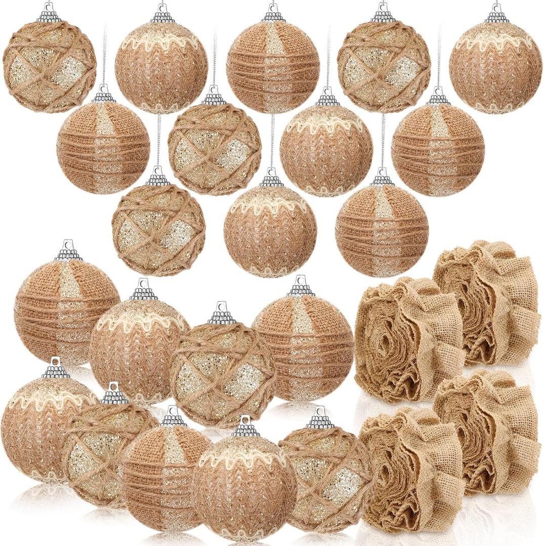 28 Pcs Burlap Christmas Ornaments Farmhouse Rustic Christmas Tree Ornaments Decoration Hanging Boho Ball Ornament Burlap Garland Ribbon for Xmas Holiday Party(Classic Style)