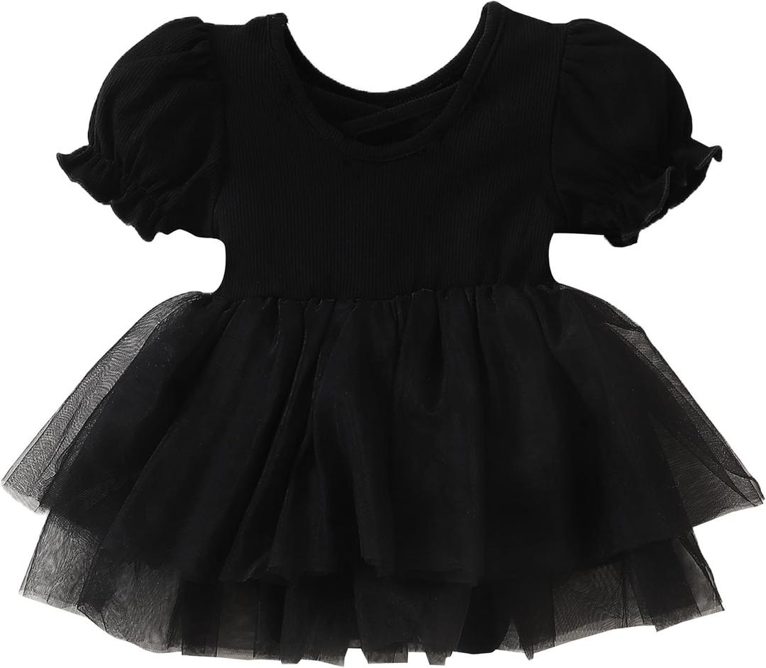 TENTIDE Newborn Baby Girl Romper Dress Ruffle Short Sleeve Solid Casual Tulle Dresses Baby Girl Clothes for Girls(Black, 18-24 Months)