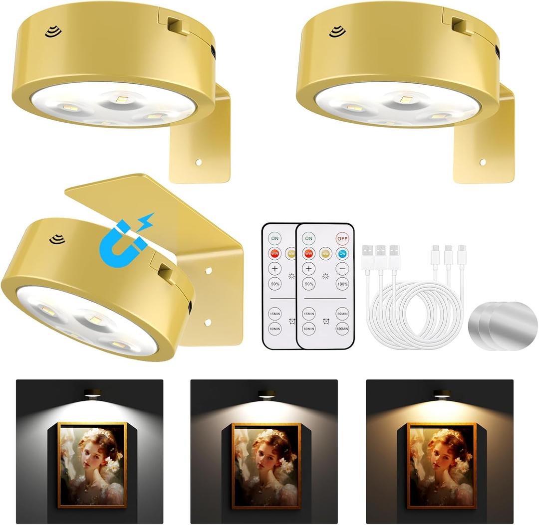 Picture Lights for Wall, Rechargeable Battery Operated Wireless Magnetic Painting Lights with Remote Dimmable and Timer, Wall Decor Lights with 3 Lighting Modes for Art Display (Golden, 3Pack)