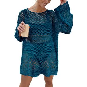 Prinbara Crochet Cover Up for Women Swimsuit Summer Bathing Suit 2025 Swim Hollow Out Bikini Swimwear Mesh Knit Beach Dress Cyan Small (Blue, S)