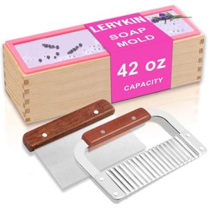 LERYKIN Rectangular Soap Mold Kit with Cutter- 42oz Flexible Silicone Loaf Soap Mold with Wood Box, Stainless Steel Wavy & Straight Scraper for Homemade Craft Soap Making Supplies