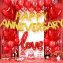 Anniversary Decorations Red,Happy Anniversary Balloon Banner with love and Heart Foil Balloons Fringe Curtain for Wedding Party Valentine's Day Romantic Night Surprise