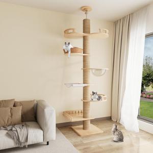 Floor to Ceiling Cat Tree, 7-Tier Multifunctional Cat Tower Height Adjustable, Wooden Cat Condo with 7 Sisal Scratching Post and Mat Cat Pole for Indoor Cats Floor to Ceiling Cat Tree, 7-Tier Multifunctional Cat Tower Height Adjustable, Wooden Cat Condo with 7 Sisal Scratching Post and Mat Cat Pole for Indoor Cats