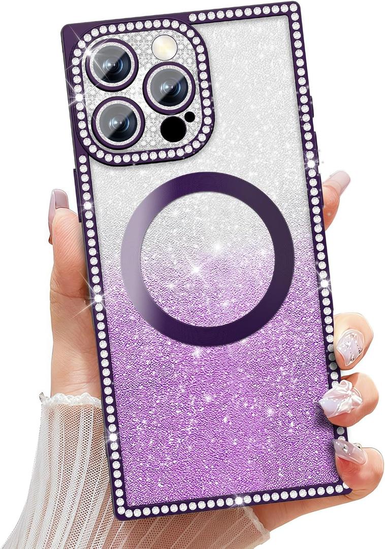 Misscase Magnetic Glitter Case for iPhone 16 Pro 6.3 Inch, Camera Protection, Compatible with MagSafe, Rectangle Cute Bling Sparkle Diamond Colorful Phone Cover, Drop-Tested & Shockproof-Purple
