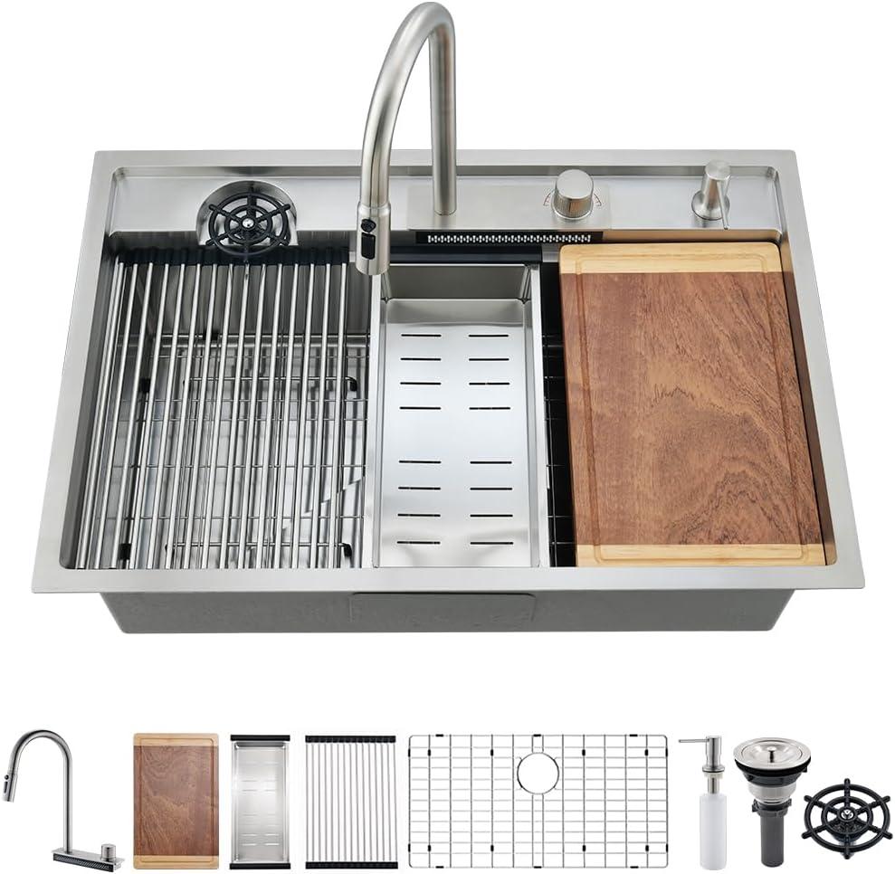 33 Inch Drop In Waterfall Kitchen Sink Workstation-VASOYO 33x22 Inch Drop In Kitchen Sink Stainless Steel 16 Guage Multifunction Single Bowl Deep Kitchens Sinks with Faucet and Cup Washer