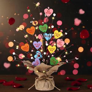 Lighted Valentine's Day Heart Candy Conversation Tree Tabletop Decorations Lighted Branches Artificial Branch Tree Hanging Heart Ornaments for Home Table Bedroom Indoor Party Wedding Decor