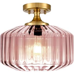 Pink Close to Ceiling Light Hallway Light Fixtures Vintage Antique Brass Ceiling Lamp with 11.02" Stripes Glass Shade Schoolhouse Flush Mount Ceiling Light for Closet Entryway Shower Light