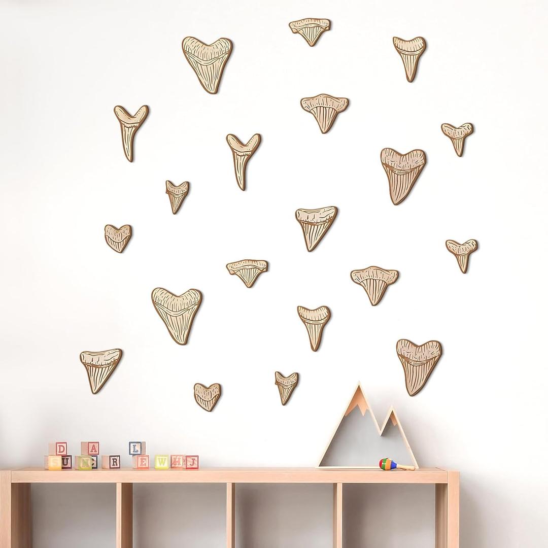 RattanView 20 Pcs Wooden Shark Teeth Nursery Wall Decor Shark Tooth Wall Art Baby Room Nursery Decor Megalodon Beach House Decoration for Boys Kids Room Bathroom Bedroom Lover Gift