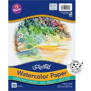 UCreate Watercolor Paper, White, Package, 140 lb., 9" x 12", 50 Sheets