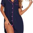 Ekouaer Nightgowns for Women Button Down Sleepshirt Short Sleeve Nightshirt Boyfriend Pajamas V Neck Nightdress, S
