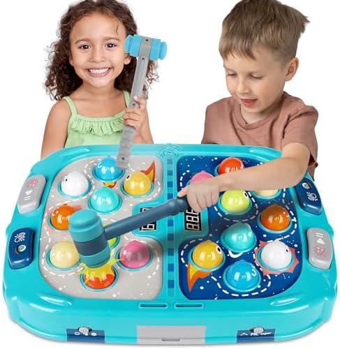 Large Double Hammer Toy for Kids Ages 3+, 11x15 Inch Early Learning Toy with Lights & Sounds, Interactive Pounding Bench with 9 Speed Levels, Perfect for Families with Multiple Kids of Different Ages